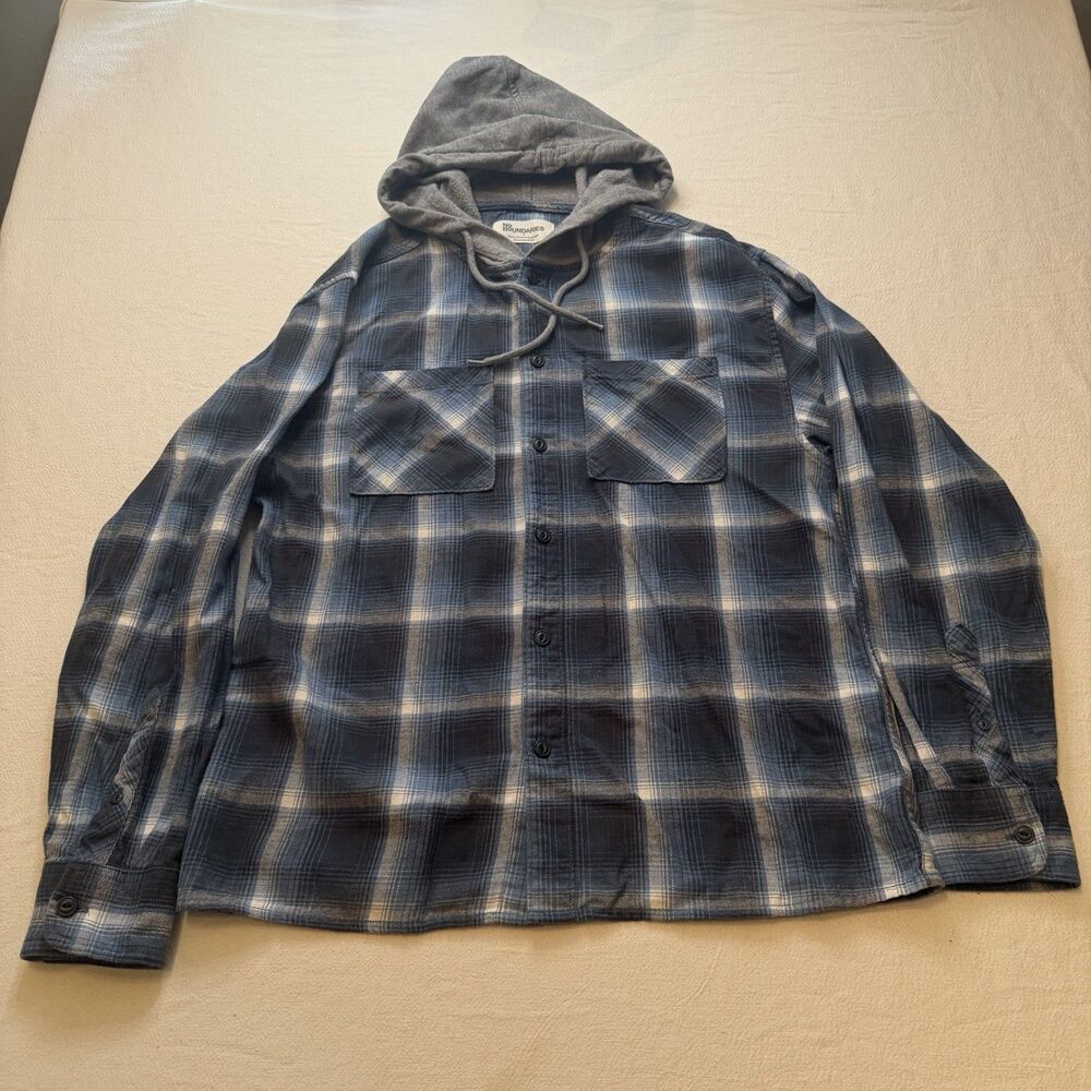 No Boundaries Oversized Fit Men's Hooded Long Sleeve Flannel Shirt Blue Size S